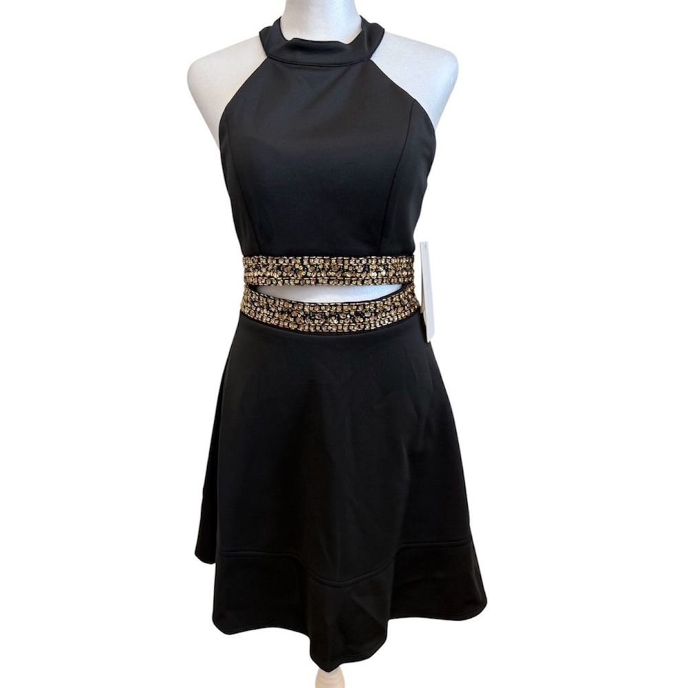 Honey and Rosie Black Embellished Cutout Halter Fit and Flare Dress NWT Medium